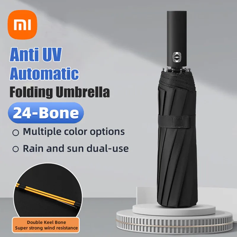 Xiaomi-24 Bone guarda-chuva dobrável automático, anti UV, chuva, sol, portátil, monocromático, à prova de vento, dobrável, tamanho grande,