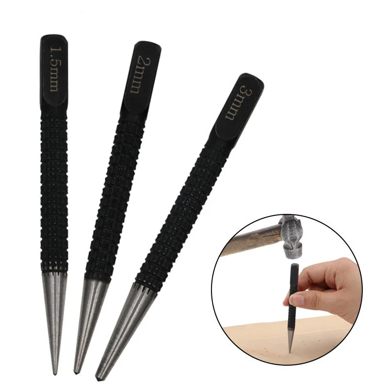 

Набор из 3-х вогнутых ручных центровочных пробойников для позиционирования и фиксации при сверлении, черные цилиндрические насадки для электрических инструментов