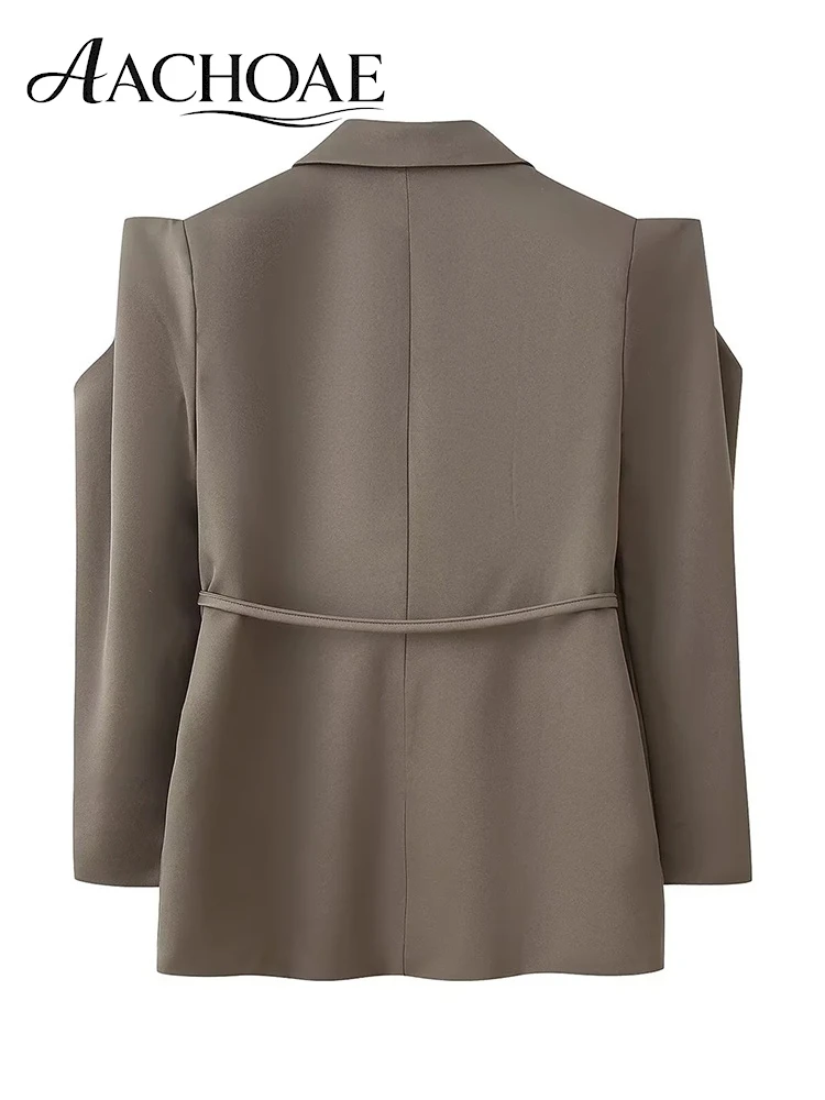 AACHOAE Women Power Shoulder Blazer Belted Waist Suit Jacket Elegant Blazer Office Lady Tailored Coat Casual Outerwear
