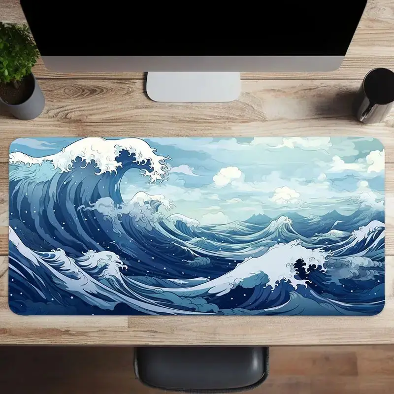 Blue Wave Game Mouse Pad Computer HD Keyboard Pad Mouse Mat Desk Pad Natural Rubber Non-slip Office MousePad Game Table Matching