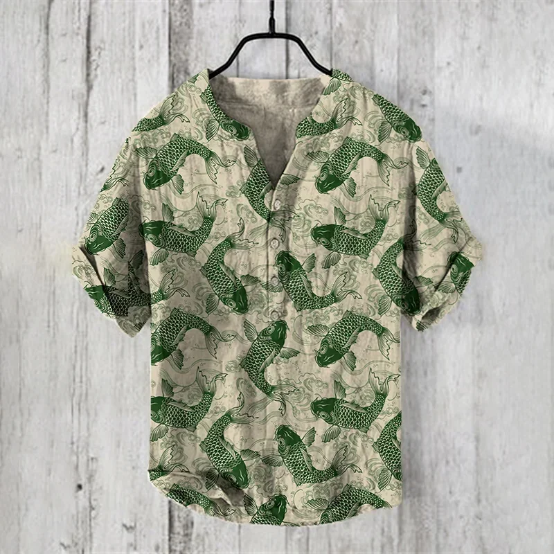 

Hawaiian style fashionable men's and women's shirts, summer casual fashion men's shirts, bamboo knot linen 3DV collar shirts