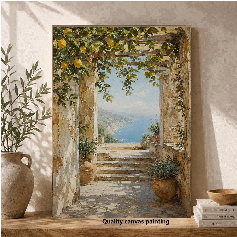 Amalfi Lemon Wall Art Print, Mediterranean Kitchen Decor, Coastal Villa Painting, Italian Summer Canvas Print,  No Frame