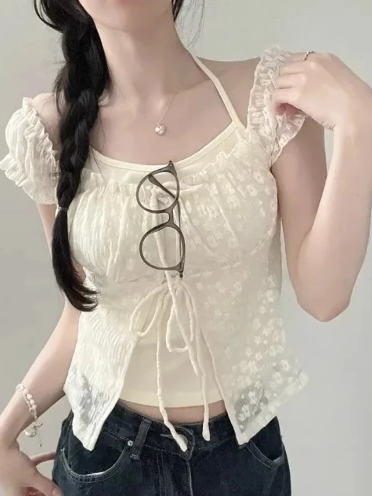 وهمية قطعتين امرأة الرسن المرقعة تي شيرت كل مباراة الدانتيل زهرة ضمادة الكورية تيز الحلو موضة الصيف اقتصاص تي شيرت #3