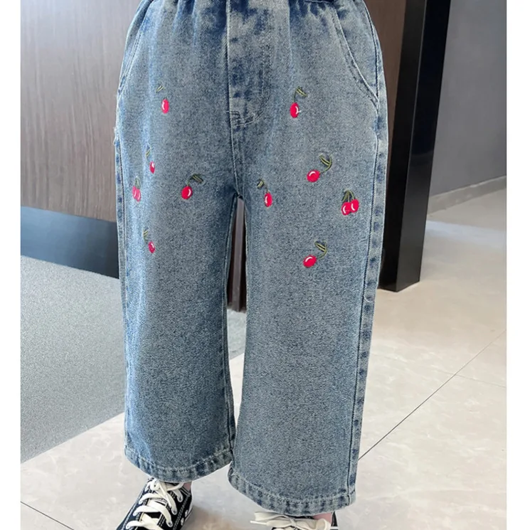 Spring Autumn Children Girl Denim Pants Straight Patched Elastic Waist Student Girls Pants Solid Color Pockets Kid Girl Trousers