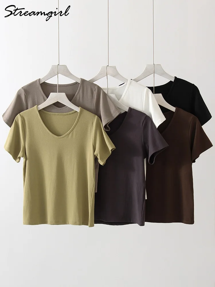 

Brown Slim Fit Modal T Shirts Heavy Women V Neck 2025 Summer Basic Tops Slim White Short Sleeve T-shirts For Women Top Tees