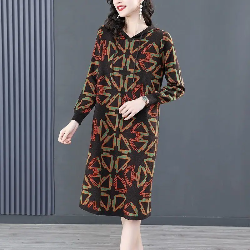 Women Oversize Knit Dress 2023 New Autumn Winter Clothes Casual Hooded Geometry Print Female Knee-length Loose Bottom Dresses