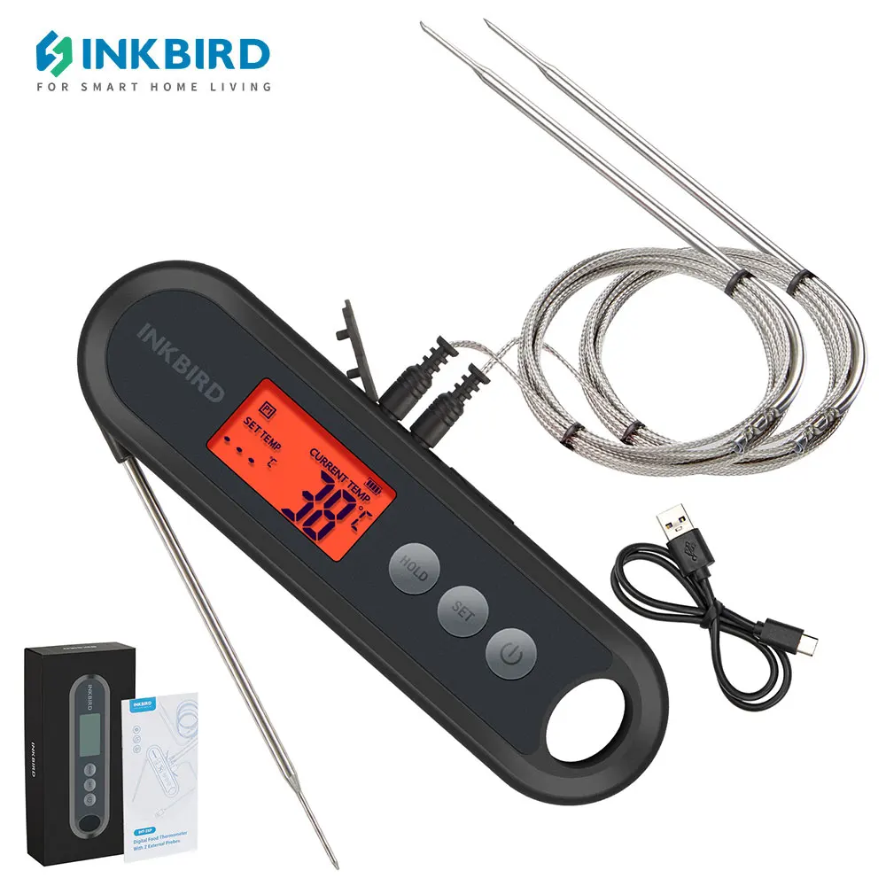 INKBIRD IHT-2XP Handheld Digital Food Thermometer with External Probes Instant Read Meat Thermometer for Cooking Grilling BBQ