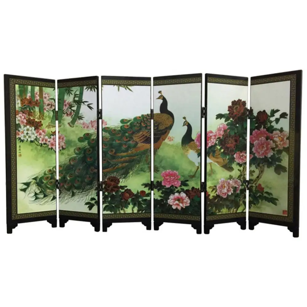 Wooden 6-Panel Peacock Screen Folding Room Divider Partition Gift Desktop Decor