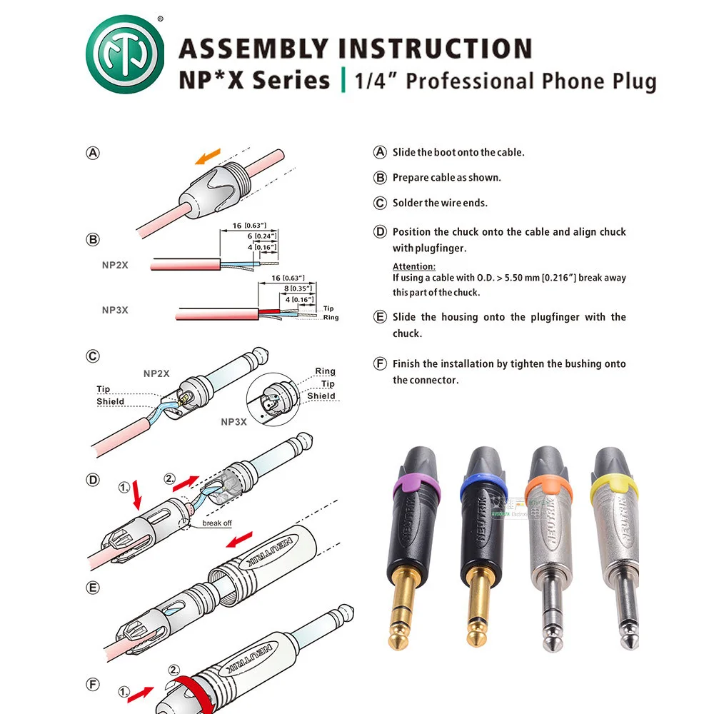

NEUTRIK NP2X-B Gold Plated 6.35mm 1/4" TS Mono Plug Professional Guitar Audio Connector Solder Type Black Metal Shell