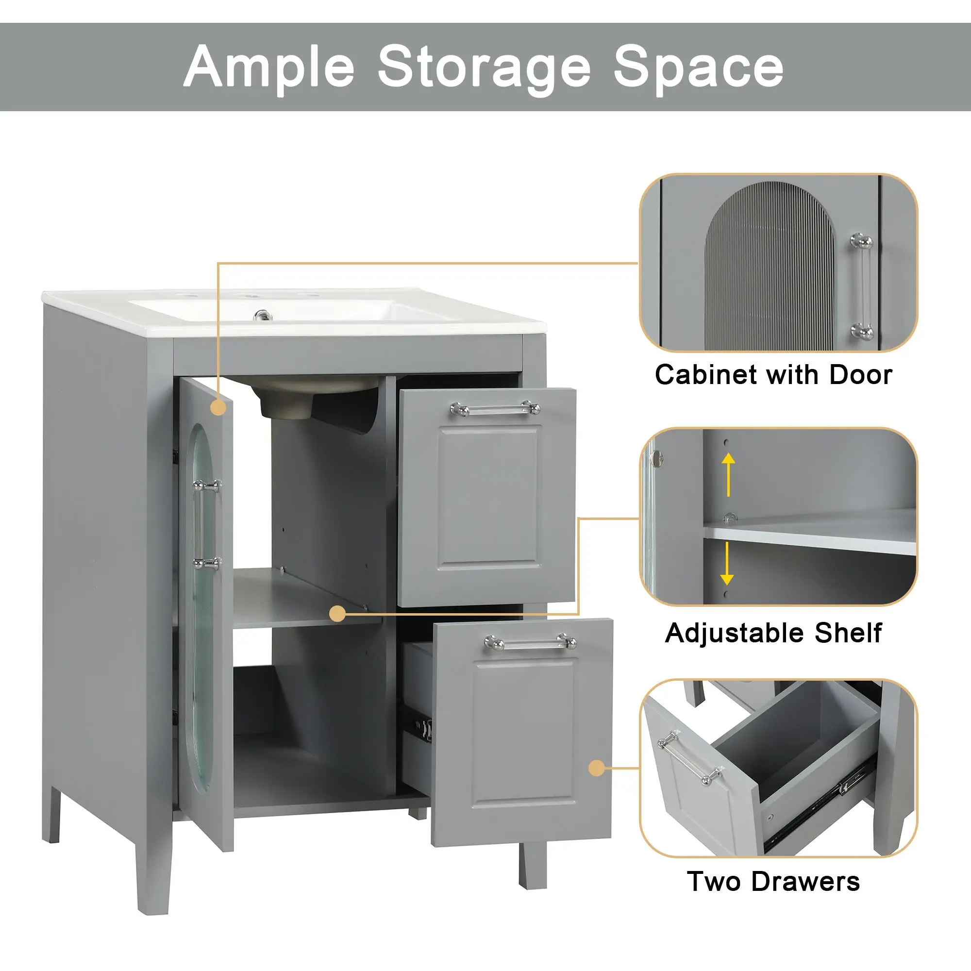 24 Grey Bathroom Vanity with Sink, Adjustable Shelf, Cabinet & 2 Drawers - Solid Wood & Construction