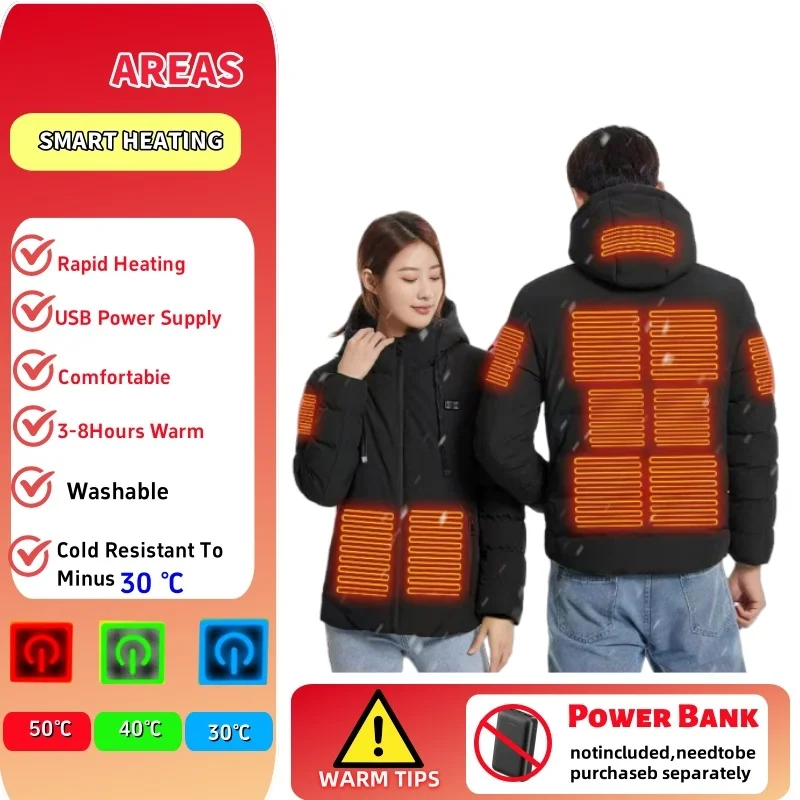 

​Heated Jacket Men Women Winter USB Heating Parka 9 Zones 4 Temp Control Windproof Padded Coat Detachable Hood Ski Camping​