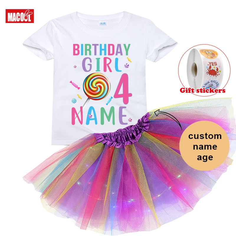 Lollipop Candy Birthday Party Outfits Girls Birthday Outfit Custom Name Dress 3PC Kids T-shirt+Girls\' Skirt+Children\'s Stickers