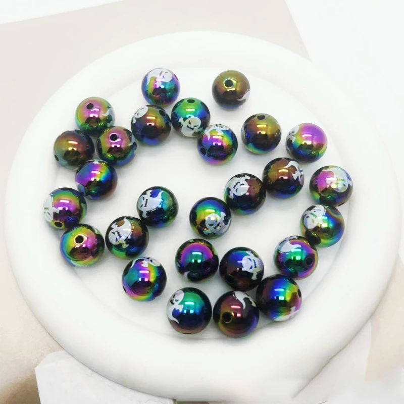 12 Stück Acryl perlen Halloween-Druck UV-Beschichtung gerade Loch runde Perlen DIY Perle Stift Telefon kette Schlüssel bund Zubehör