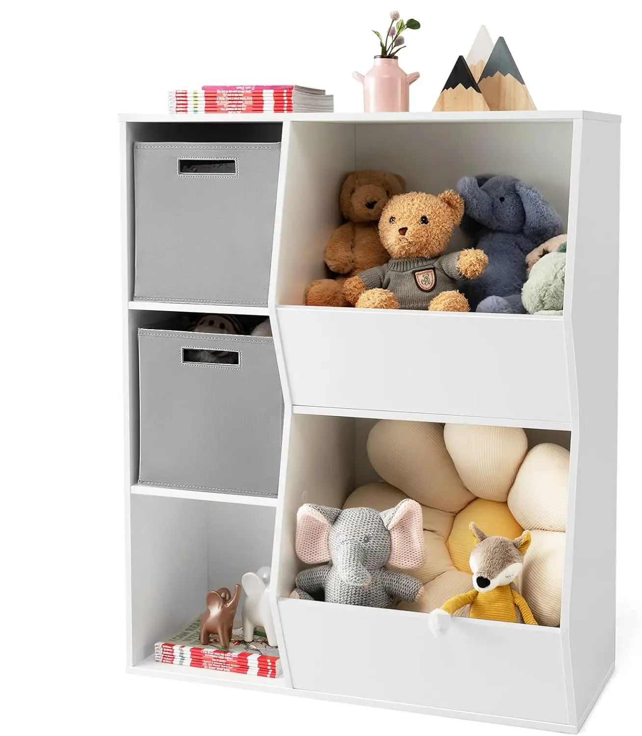 

5 Cubbies Kids Toy Storage Organizer, Children Bookcase And Bookshelf W/2 Storage Boxes, Wooden Multi-Bins Toy Storage Display