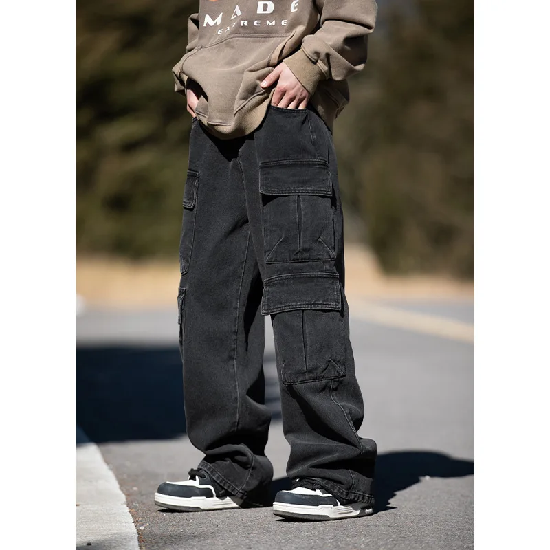 

Men's Retro American Style Multi Pocket Washed Distressed Jeans, Men's High Street Straight Leg Loose Workwear Pants