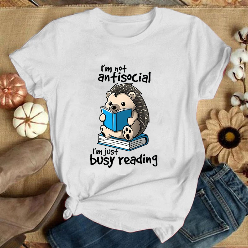 (Premium T-shirt)Hedgehog I'M Not Antisocial I'M Just Busy Reading Print T-Shirts For Women Summer Short Sleeve Round Neck