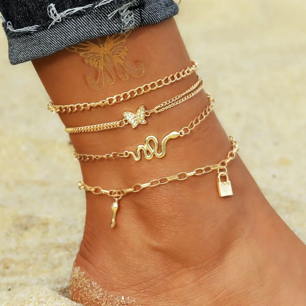 

Bohemia Gold Color Snake Ankle Bracelet Set for Women Butterfly Key Lock Charm Anklet Chain on Leg Boho Jewelry Gift Accessories