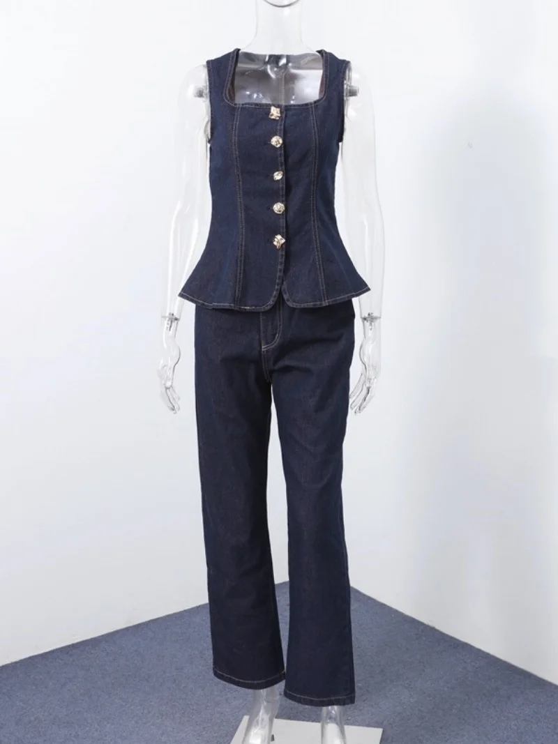 Streetwear Denim 2-teiliges Set Frauen Outfit Sommer Kleidung Frauen Ärmellose Weste Top Gerade Jeans Hose Sets Cowboy Frau Sets