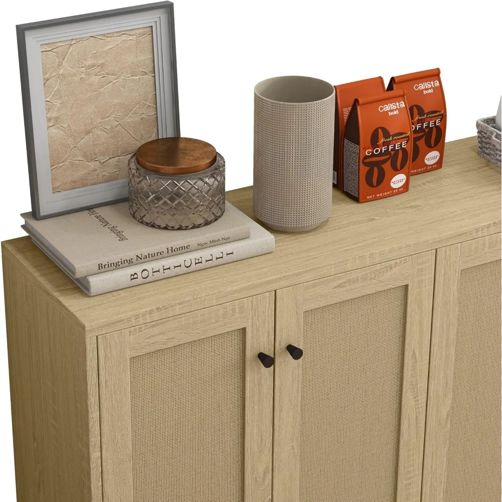 خزانة تخزين جانبية من Panana مزينة بالروطان بأربعة أبواب لغرفة الطعام وطاولة بوفيه للمطبخ قائم بذاته (Na)