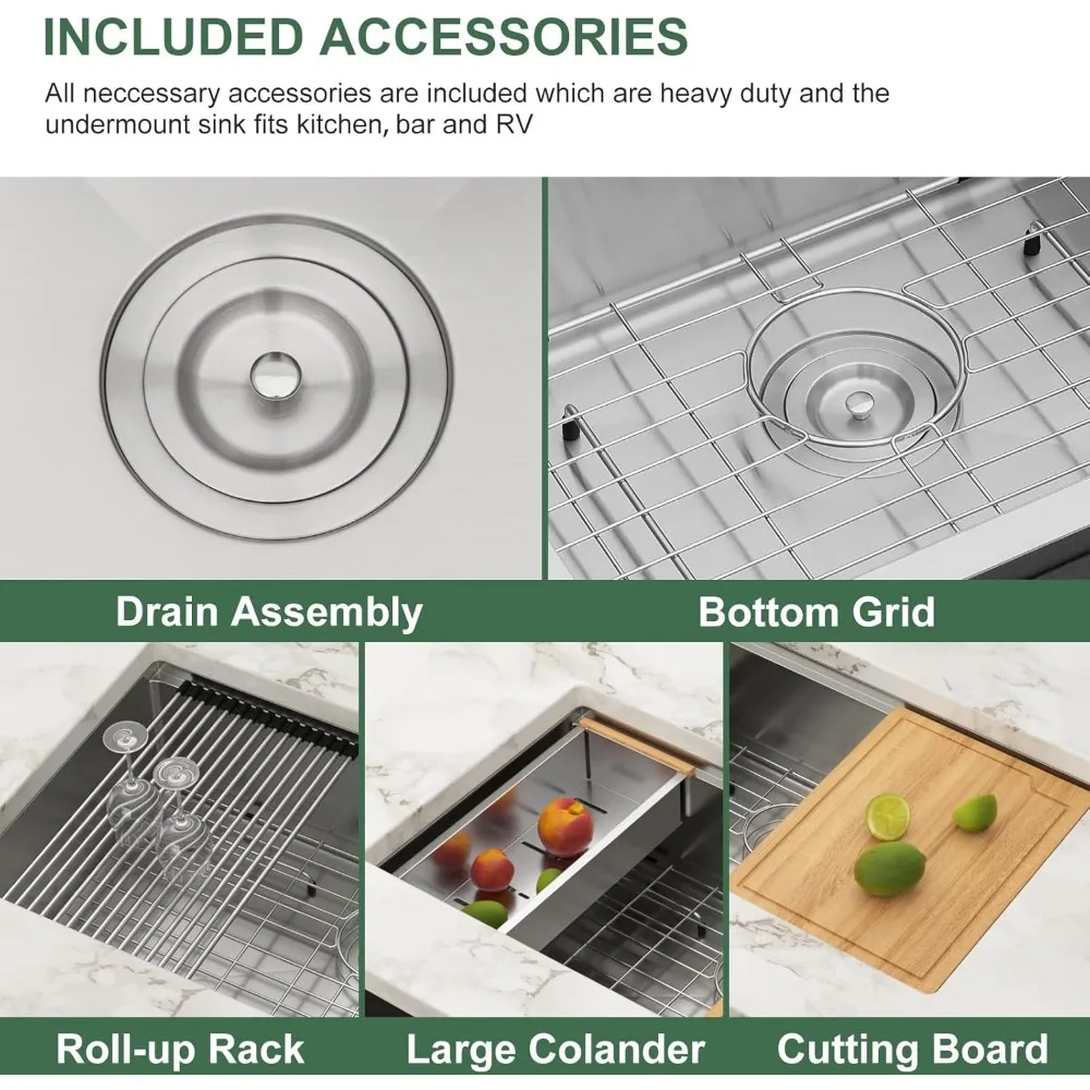 30 Inch Undermount Kitchen Sink 16 Gauge Stainless Steel Workstation Round Corners Single Bowl Under Counter Kitchen Sinks Basin