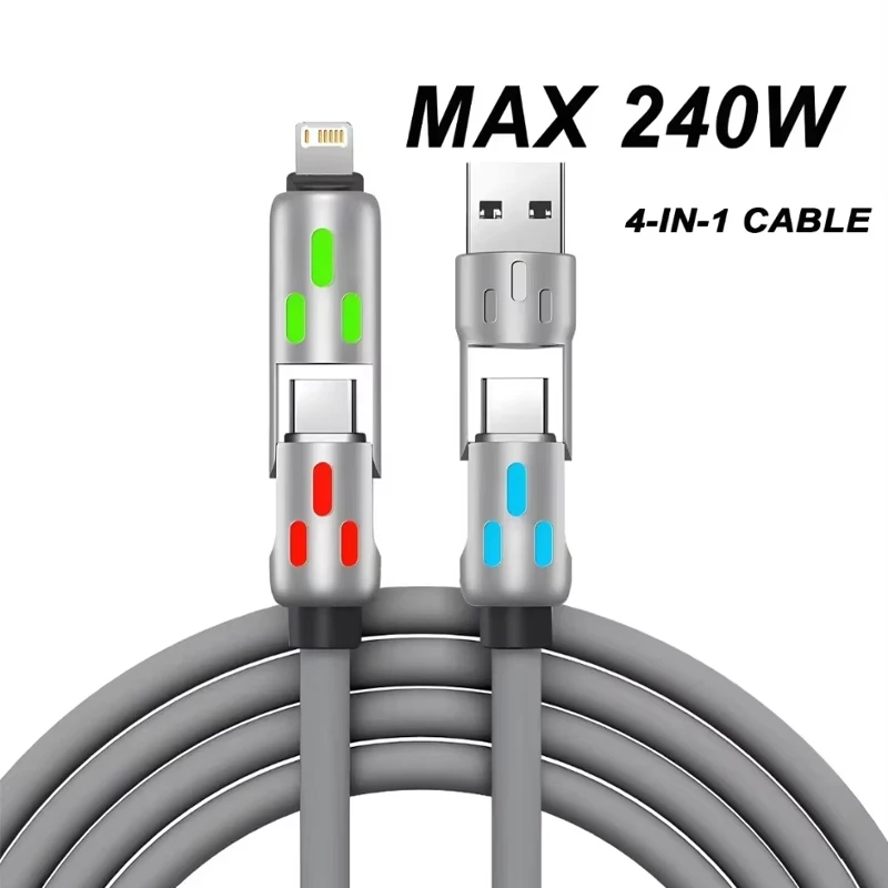 4 في 1 موصلات متعددة شاحن الكوع الدوار USB إلى Type-C الهاتف المحمول 240 واط شحن سريع كابل السيليكون نقل البيانات