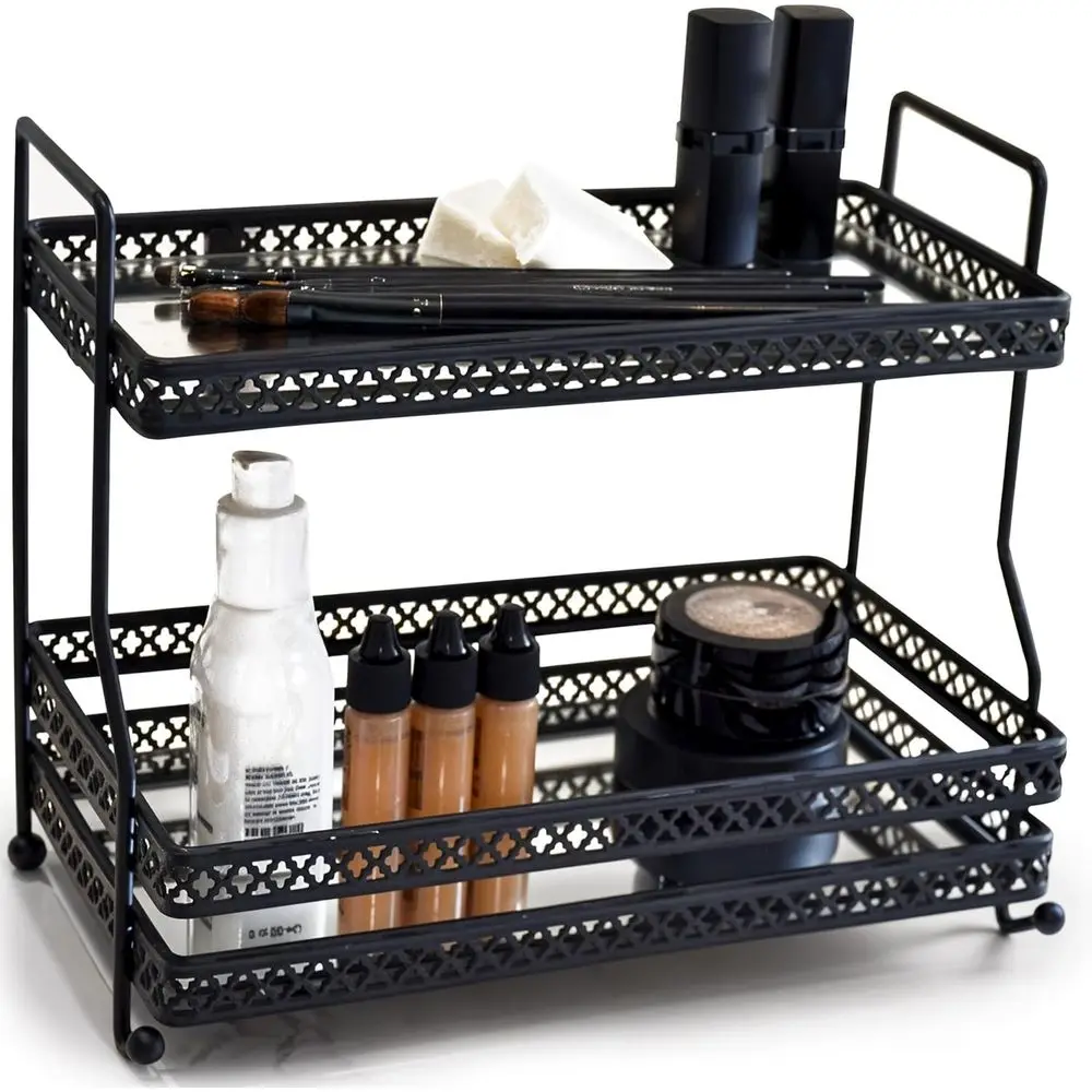 

2-Tier Bathroom Organizer Countertop - Matte Black Vanity Mirror Tray or Skincare & Makeup Organizer - Bathroom Counter Organize