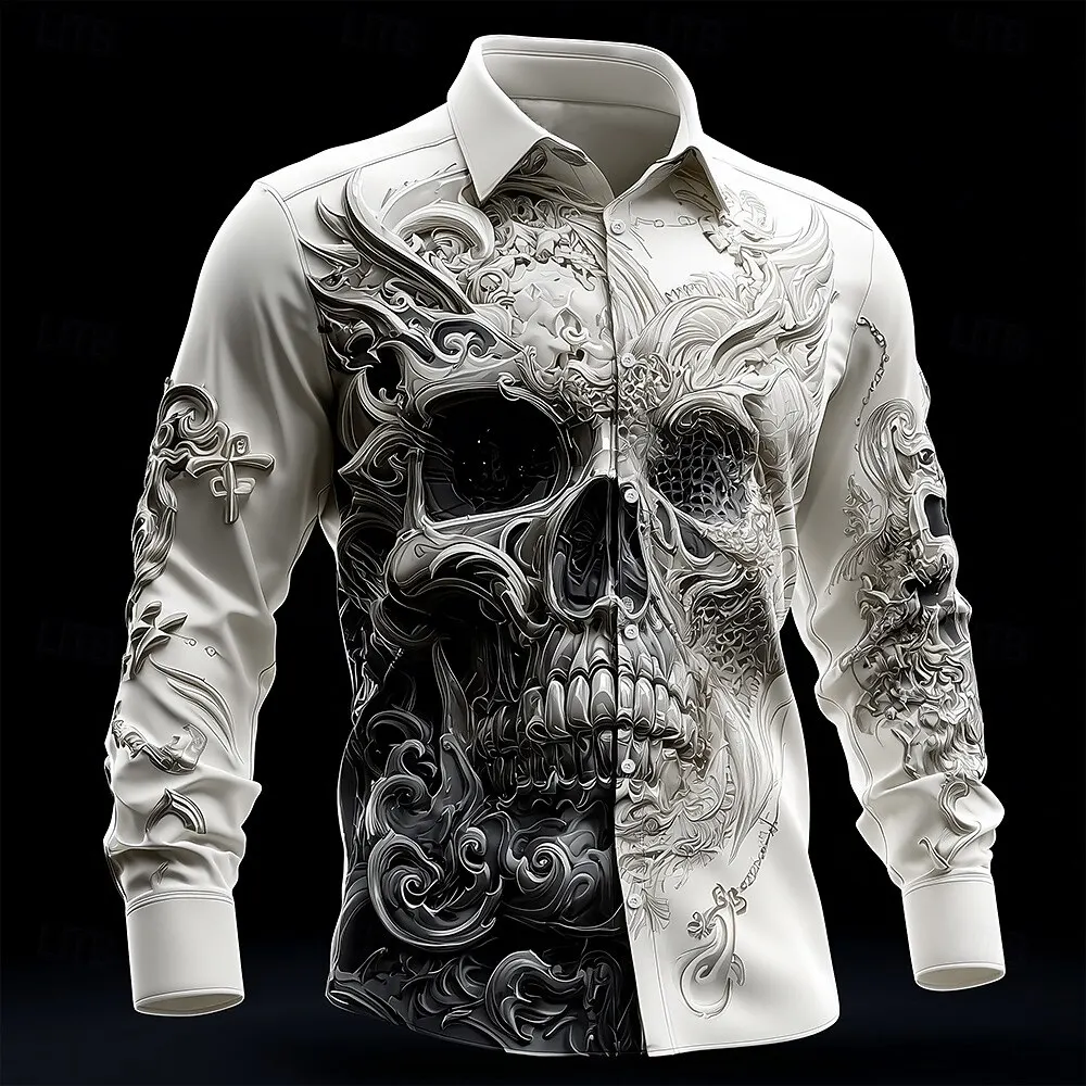 

3D Print Skull Graphic Men's Long Sleeve Shirts Gothic Cool Pattern Button Lapel Shirt For Men Autumn Winter Halloween Theme Top