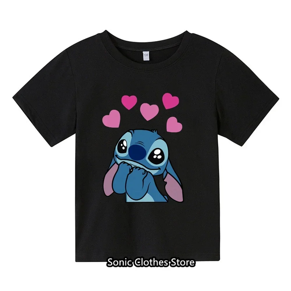 Kawaii Kids Lilo Stitch T Shirt Women Summer Tops Cartoon Stitch Heart Graphic Tees Cute Girls Anime T-shirt Female Boys Tshirt