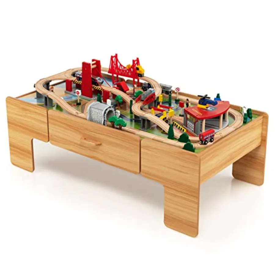 

Train Table for:Wooden Activity Table with Storage Drawer, Natural Wood Color, 2-in-1 Reversible Top, 100 Multicolor Railway Pi