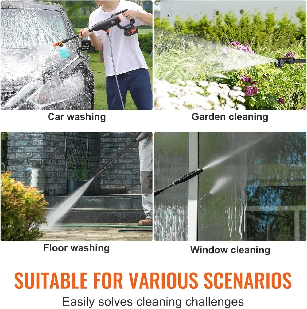 เครื่องฉีดน้ำแรงดันสูงไร้สาย, เครื่องทำความสะอาดแบบพกพาพร้อมแบตเตอรี่ 4.0Ah, หัวฉีด 6-in-1 สำหรับทำความสะอาดบ้านและรถยนต์