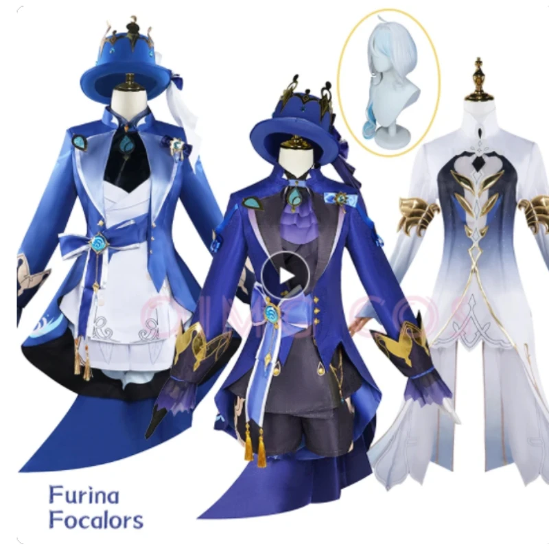 

Genshin Impact Anime Game Focalors Cosplay Furina Hat Wig Hair Full Set Outfit Carnival Halloween Costume Women's Outfit Dress