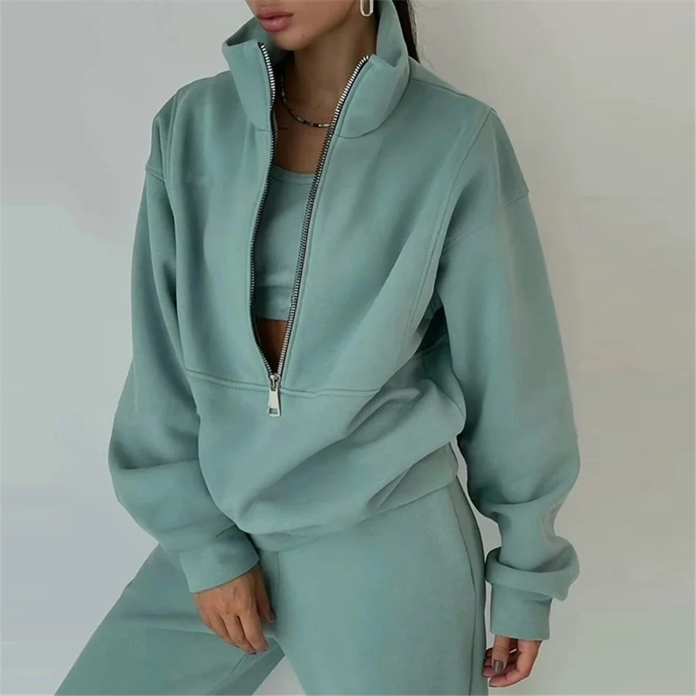 Damskie podszyty polarem dwuczęściowy zestaw jesienno-zimowa strój sportowy Casual ponadgabarytowe Polo bluzy z zamkiem spodnie dresowe Sportwear