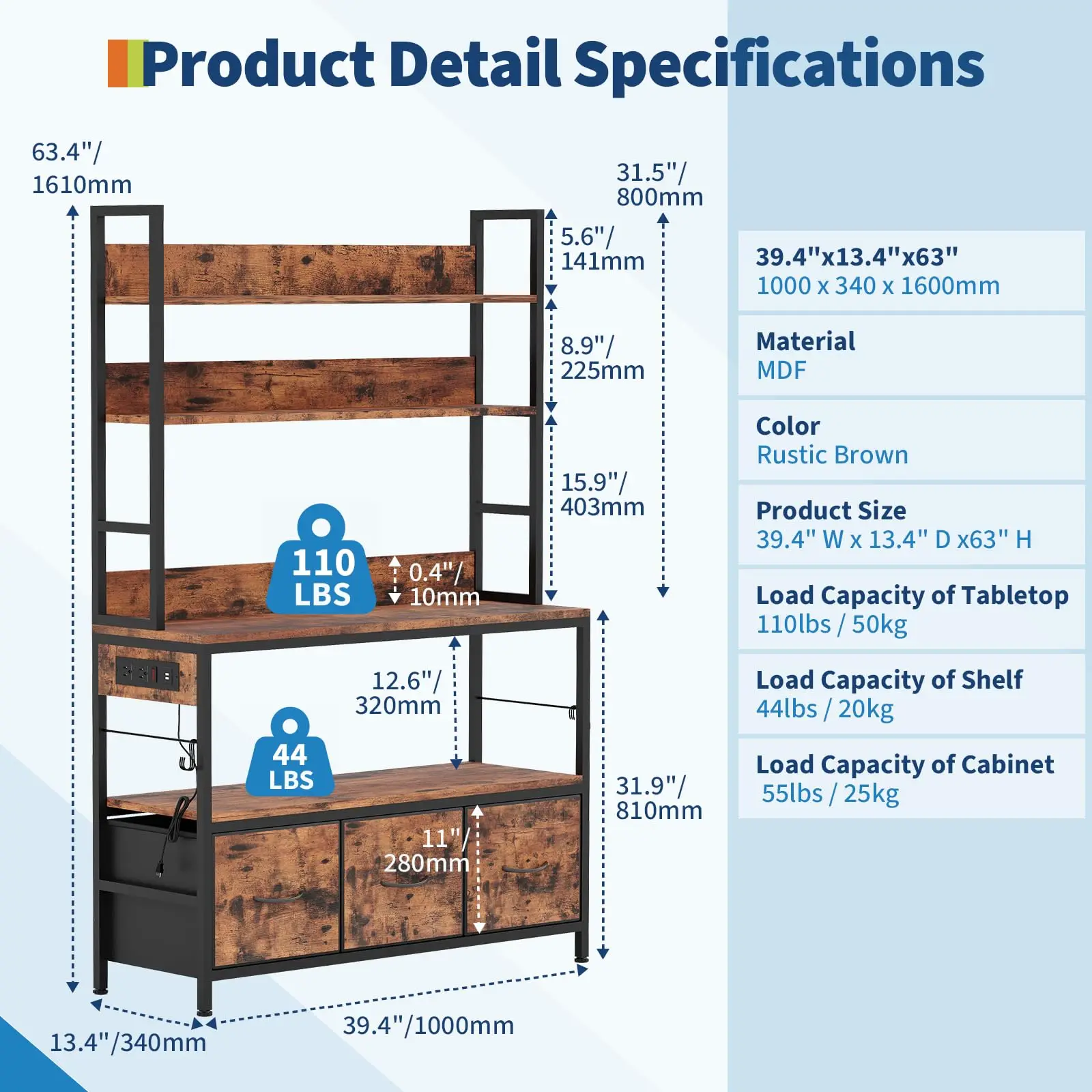 5-Tier Kitchen Baker's Rack with Charging Station – Drawers, Storage Cabinet & 10 Hooks – Industrial Microwave Stand