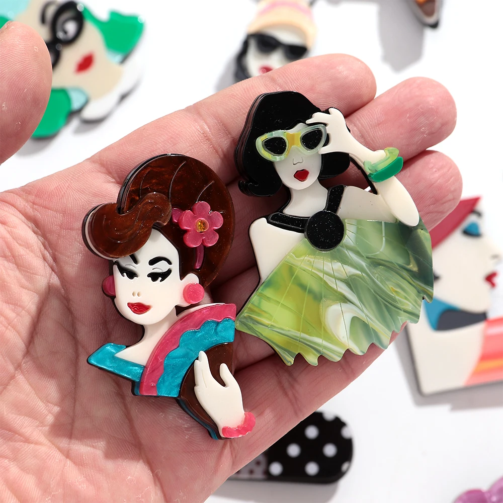 Neue Modische Acryl-Broschen für Damen, Elegante Cartoon-Frauenfiguren-Anstecknadeln, Lässiger Modeschmuck, Kleidungszubehör, Geschenk – Detail 5