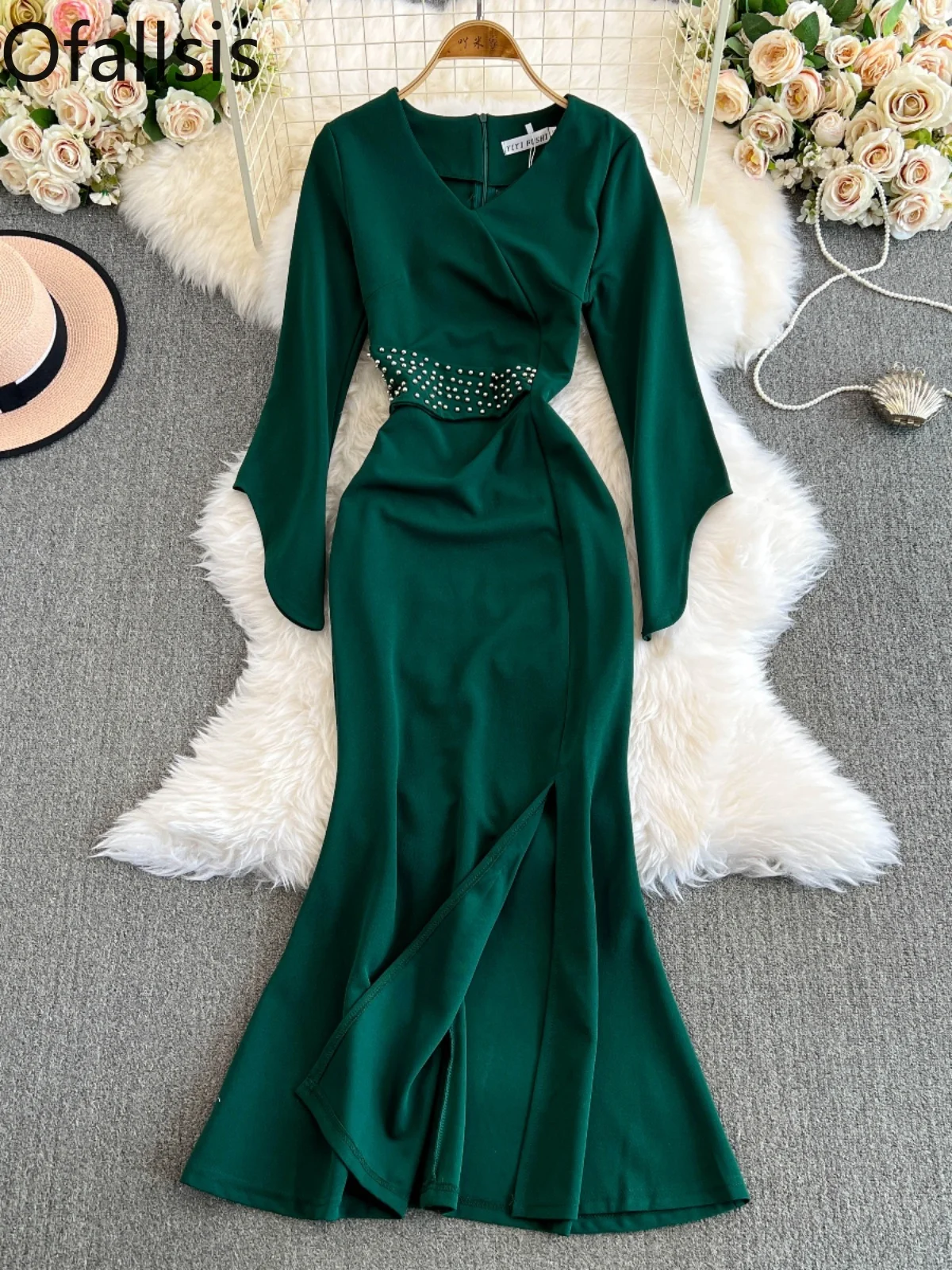 Ofallsis Light Luxury Socialite High end Long Sleeved Dress 2024 Women's Autumn Winter Waist Slimming V neck Split Hip Dresses