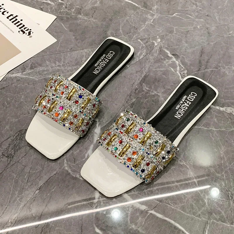 New Style Fashion Women's Slippers Retro Luxury Colored Diamond Flat Bottom Slippers Women's Shoes Popular Sandals Zapatos Mujer