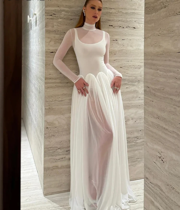 Vestido largo liso de retales para Mujer, Vestidos drapeados de malla transparente de manga larga con cuello redondo + monos ajustados combinados, bata elegante para Mujer