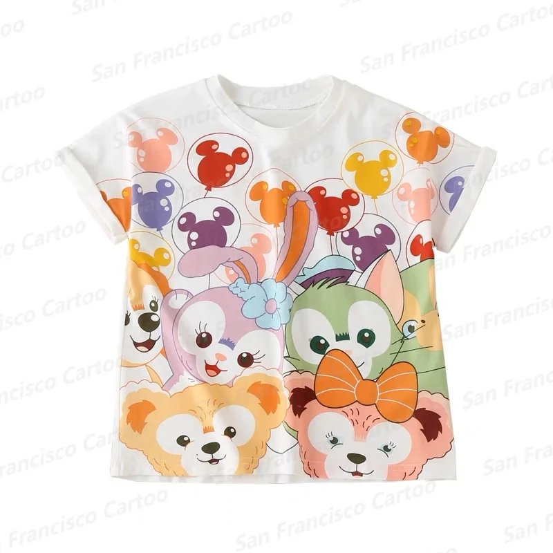 2024 New Summer Girl Disney Star Dailu and Friends Duffy Bear Shirley Rose Cartoon 3D Printed T-Shirt KID/Adult Parent-Child Top