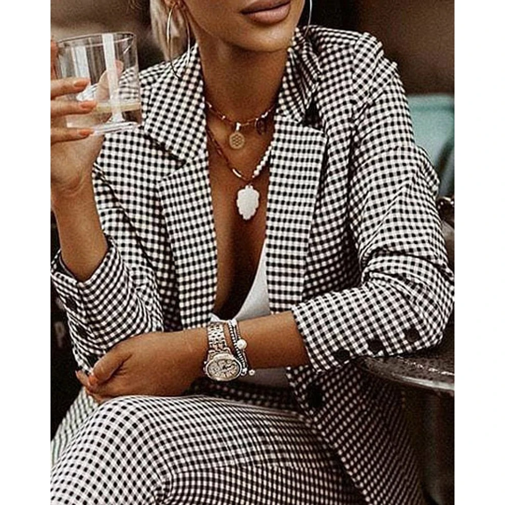 Women\'s 2Pcs/Set Long Sleeve Plaid Work Blazer Suit Sets Female Lady Open Stitch Drawstring Pants Sets Office OL Style Clothing