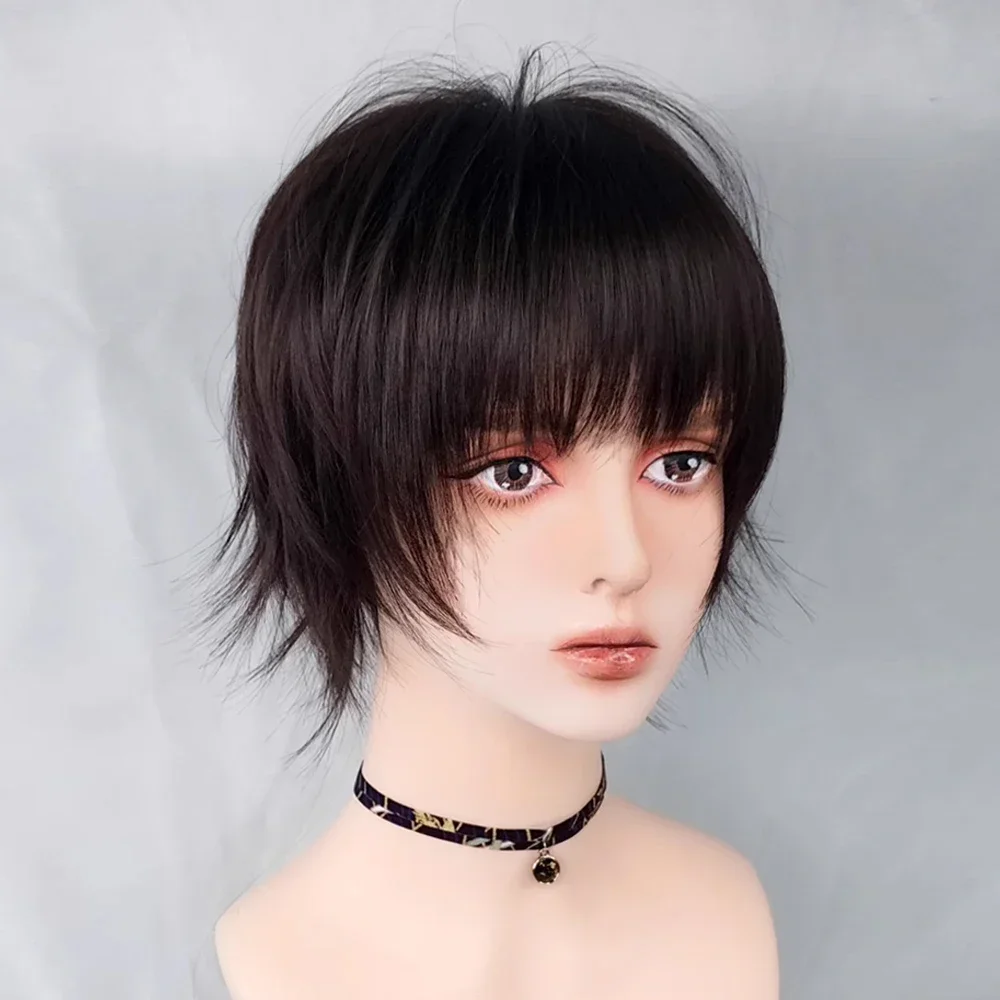 Perucas sintéticas com franja para homens e mulheres, cabelo cosplay anime preto e marrom, curto e reto, festa diária