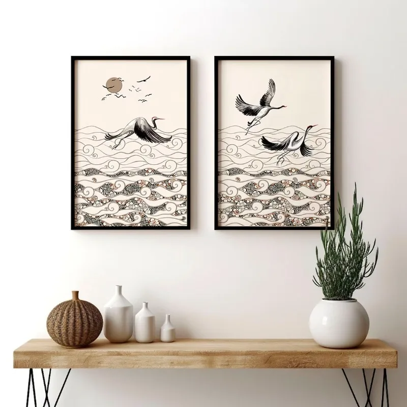 Japanese Crane Flying Waves Chinese Bird Landscape Vintage Posters Prints Canvas Painting Wall Art Picture for Room Home Decor