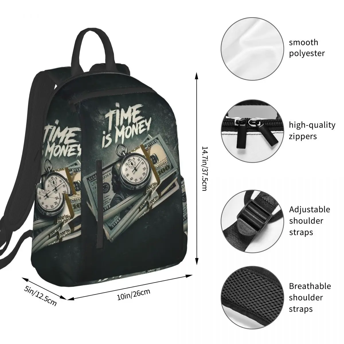 Time Is Money Clock And Currency Backpack Student BookBag Kids School Bag Computer Shoulder Bags Men Women