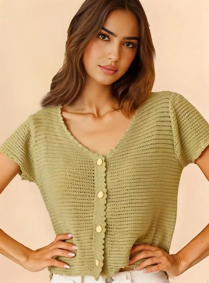 عادية الخامس الرقبة ماتشا الأخضر الجوف متماسكة زر سترة 2025 الصيف اقتصاص قمة الموضة كم سترة الشمس حماية قميص K321 #2