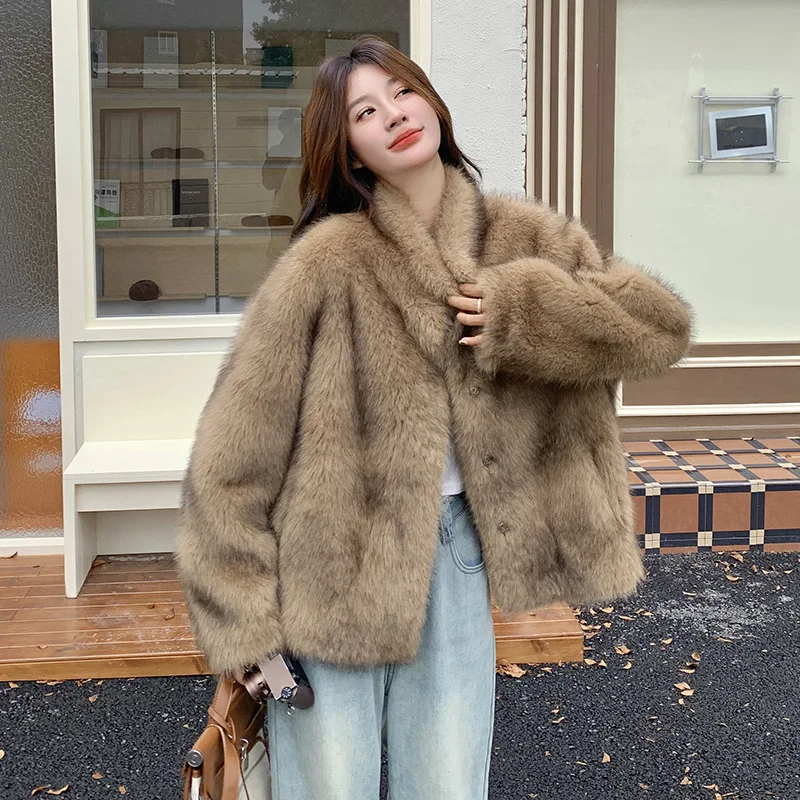 

2025 Winter Thickened Warm Plush Jacket for Women, Coffee Color, Vintage Eco-Friendly Faux Fur Coat Fashionable Casual Top