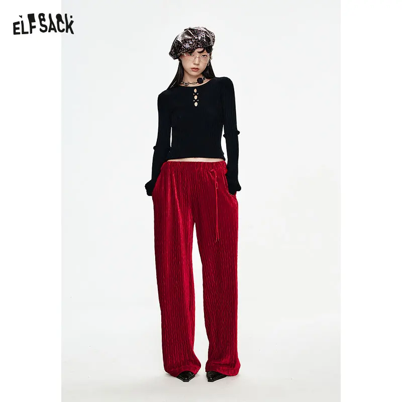 ELFSACK 2024 Winter New Arrivals Christmas Red Velvet High Waist Wide Leg Casual Pants Women