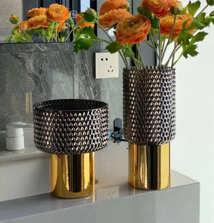 European Electroplating Golden Glass Vase Fruit Plate Flower Arrangement Table Decoration Hydroponic Home