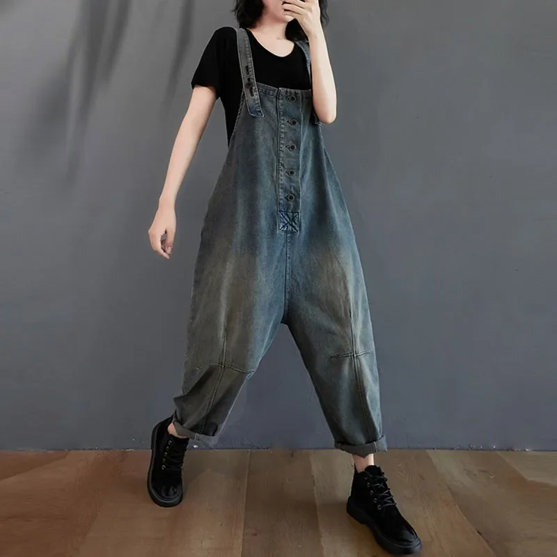 Jumpsuit Denim Vintage wanita, jumpsuit Denim gaya Vintage mode sederhana, overall Jeans longgar kasual