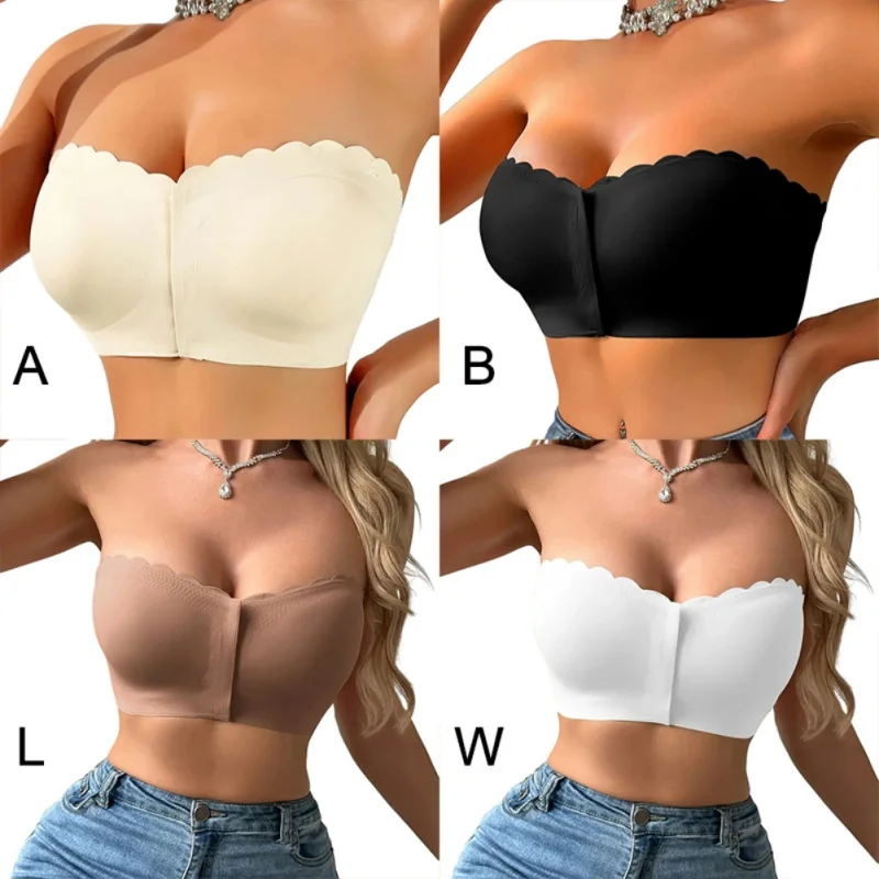 Sutiãs sem alças sem costura para mulheres botão frontal sem costura bandeau ondulado roupa interior versátil tubo superior desgaste interno cor sólida