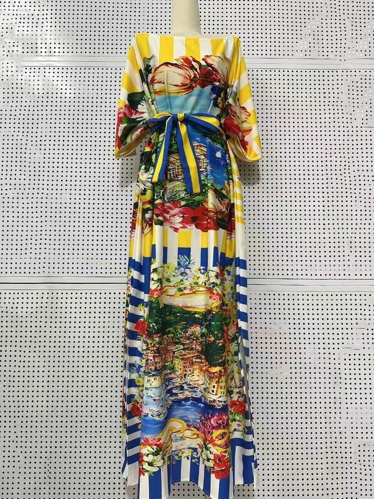 Robe d'été à manches chauve-souris pour femmes, rayée, imprimé paysage, à lacets, taille serrée, avec ourlet ample et jupe fendue, été 2025