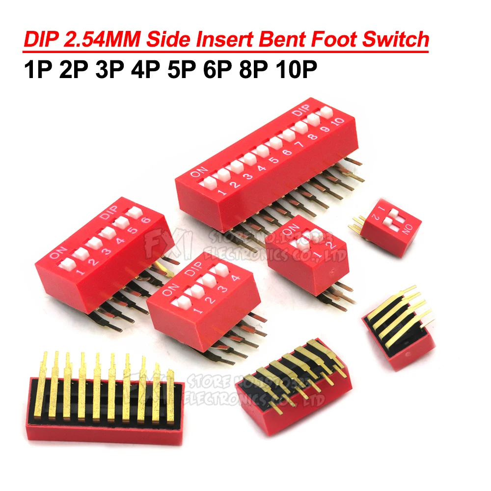 5PCS DIP Switch 2.54MM DA-02 1/2/3/4/5/6/8/10P Horizontal Dial 90 Degrees Plug-in Side Insert Bent Foot Switch